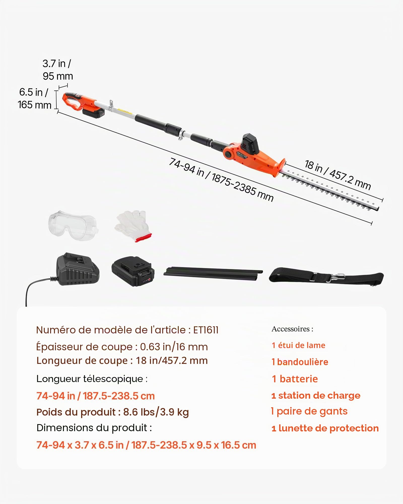 VEVOR Taille-haie Électrique sans Fil 20 V, Taille-haie à Batterie pour Branches Hautes, Lame en Acier Double Tranchant 457,2 mm, Perche Télescopique 187,5-238,5 cm, Batterie et Chargeur Rapide Inclus
