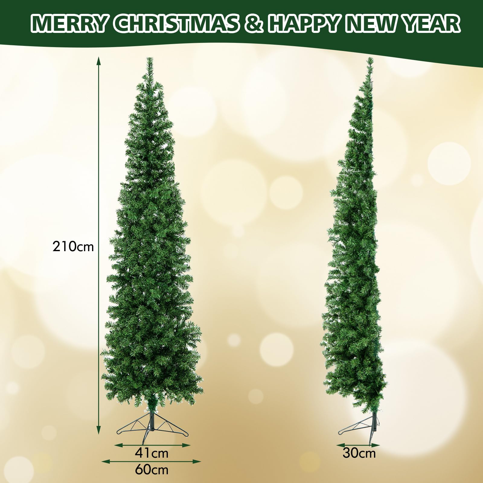 KOMFOTTEU Künstlicher Bleistiftbaum 210 cm mit 150 LED-Lichtern, Halber Weihnachtsbaum mit 403 Zweige & Metallständer, Christbaum Tannenbaum Weihnachtsdekoration für Haus Geschäfte Büro (450 Zweige)