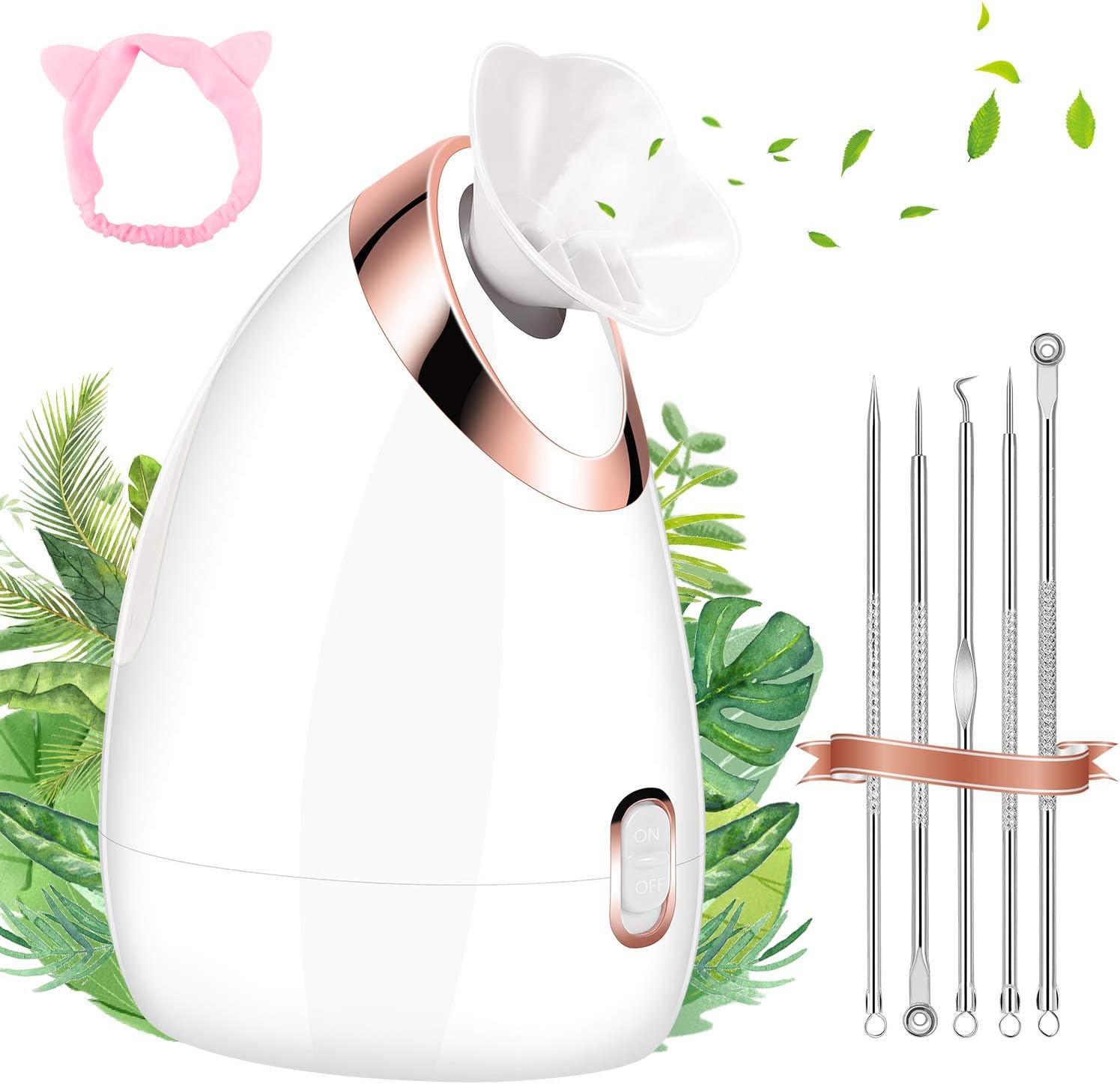 Facial Steamer - Aiemok Nano Ionic Face Steamer for Home Facial Warm Mist Humidifier Steamer for Face Sauna Spa Sinuses Moisturizing Cleansing Pores,Stainless Steel Skin Kit and Hair Band