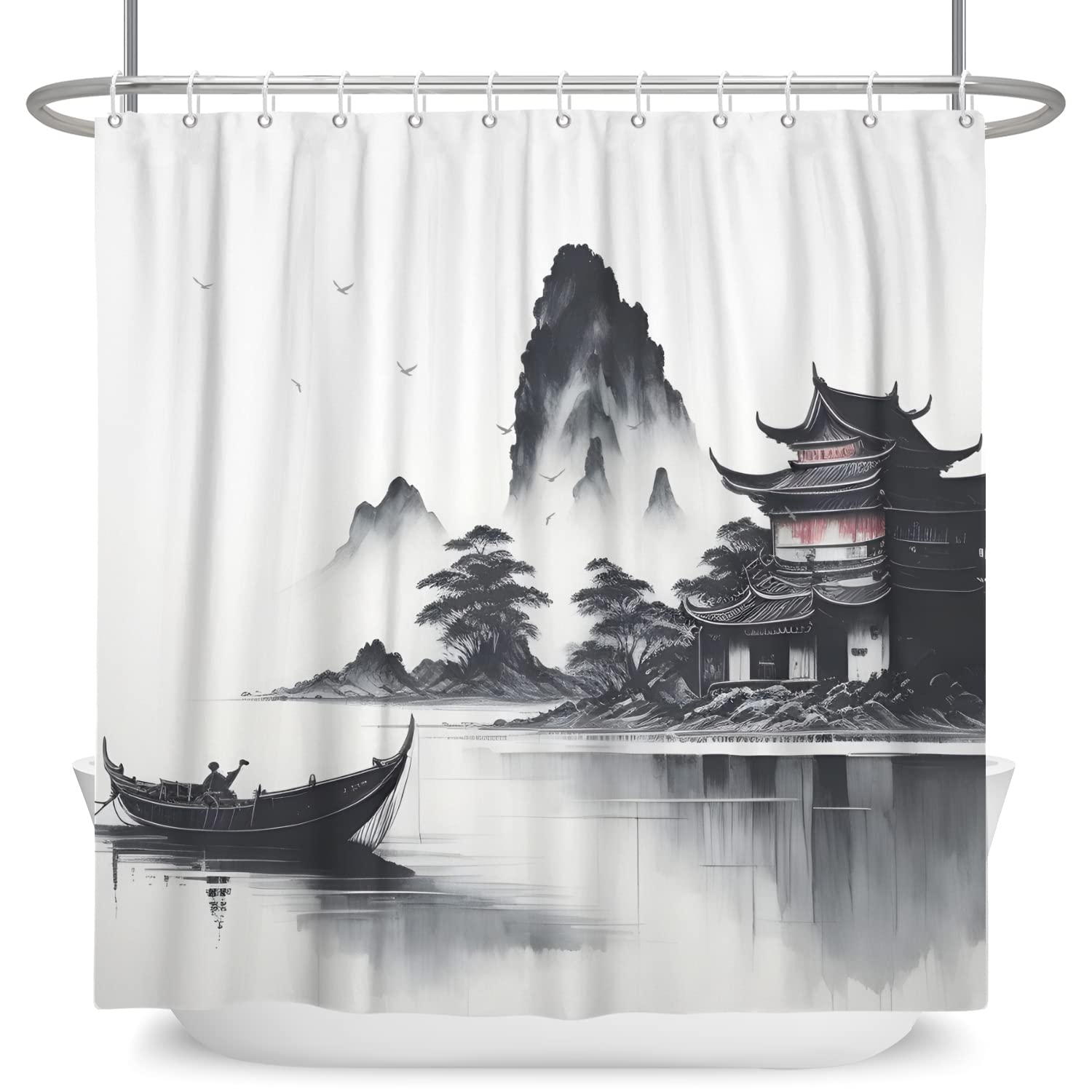 SDOTPMT 105x160cm Japanese Asian Ink Painting Shower Curtain Foggy Mountain Boat Wild Goose Bathtub Curtain Outdoor Natural Scenery Bath Curtain for Bathroom Decor Polyester with Hooks - Image 4