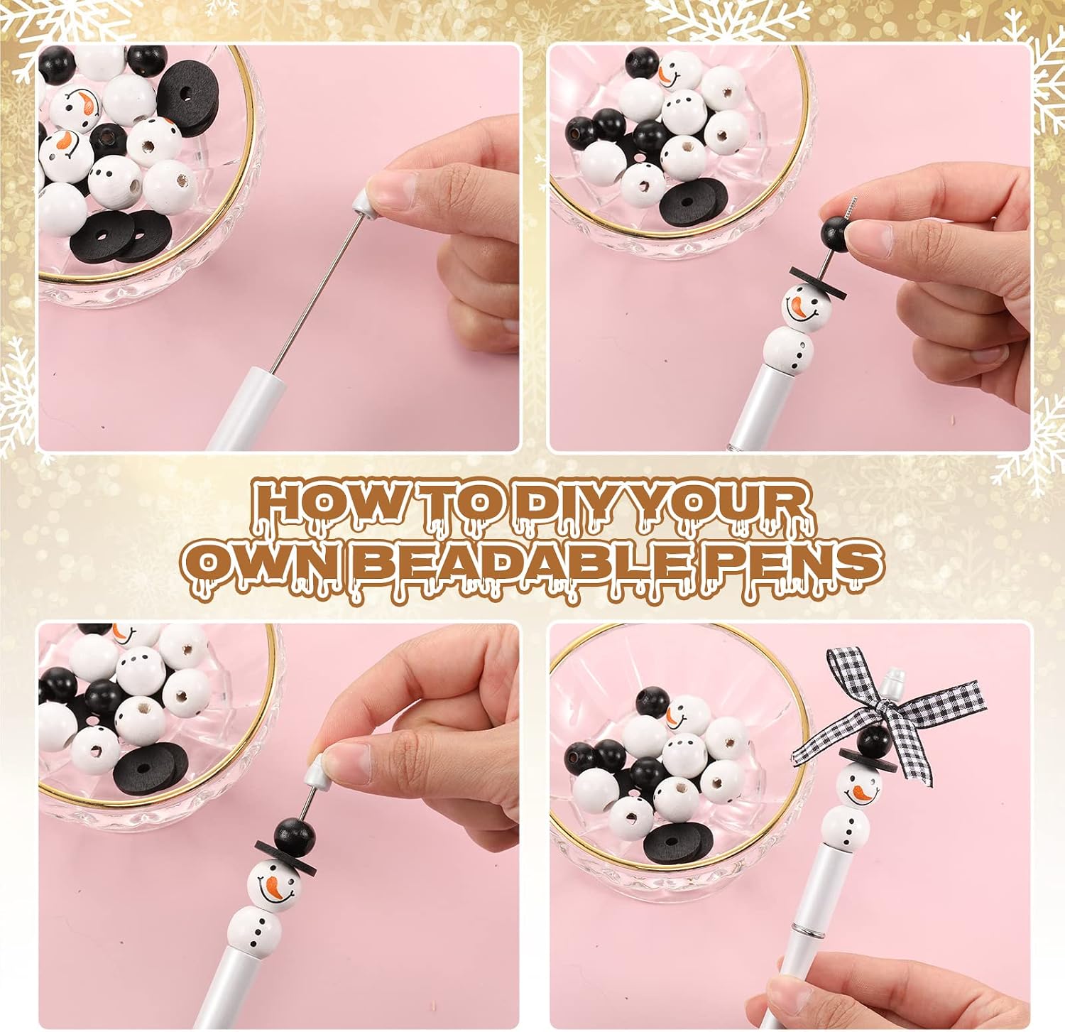 Beadable Pens Bulk Winter Bead Pens and Snowmen Wooden Beads Buffalo Plaid Ribbon Snowman Ballpoint Pen Plastic Black Ink Pen Winter Gifts for Christmas Students School Office Supplies(51 Pcs)
