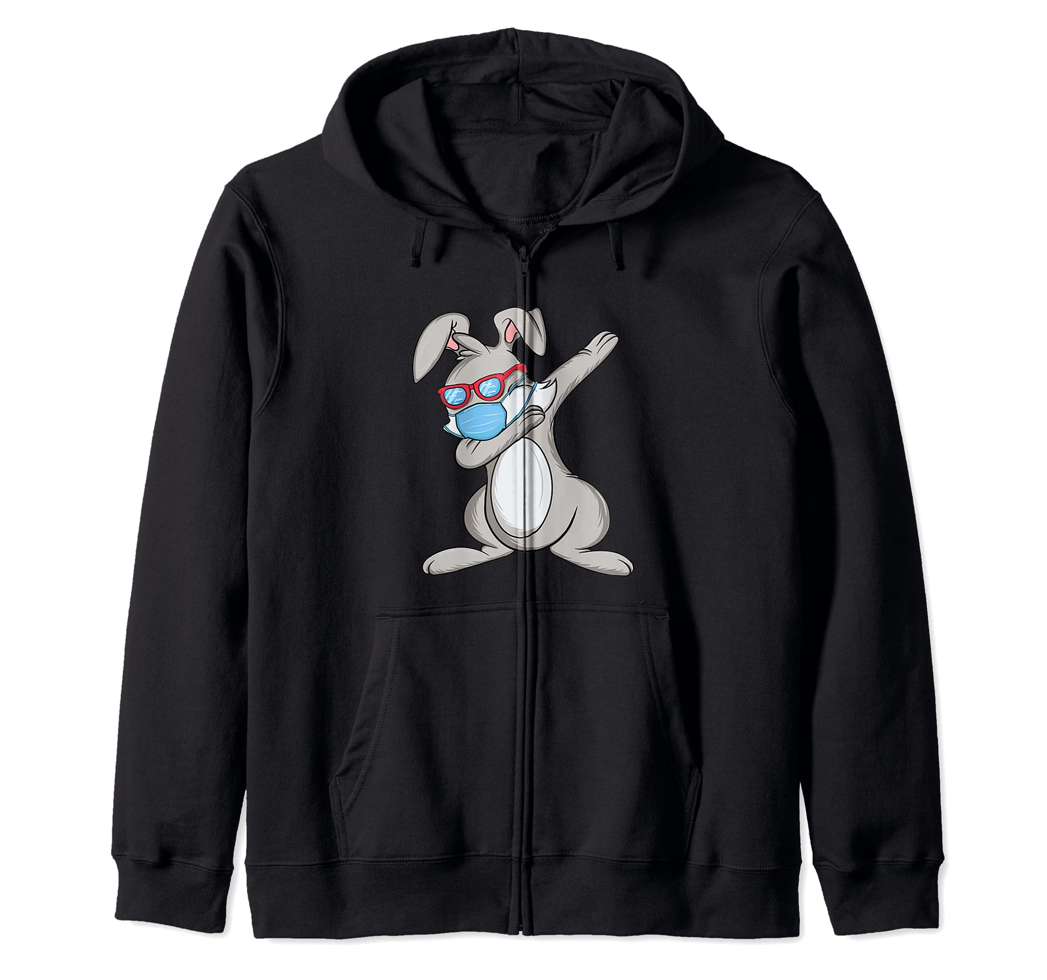 Dabbing Easter Bunny Wearing Face Mask Zip Hoodie, Black