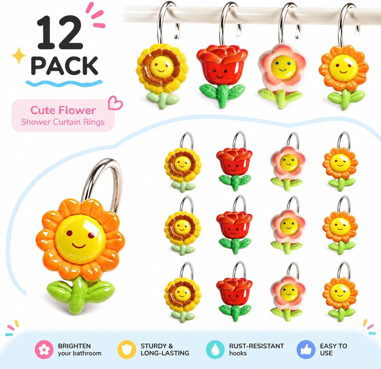 12 Pack Resin Flower Shower Curtain Hooks Cute Bathroom Decorative Hooks image 5