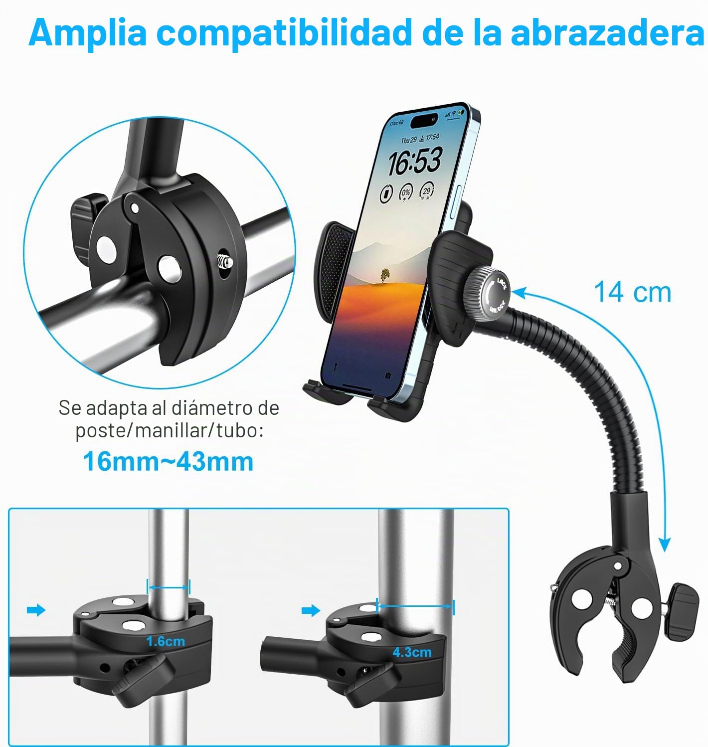 Soporte Móvil Cochecito para iPhone 17 16 Pro Max, Todos los Teléfonos | Soporte Móvil Flexible Manillar para Bici Carretera Motocicleta Silla de Ruedas Barco Bicicleta Interior