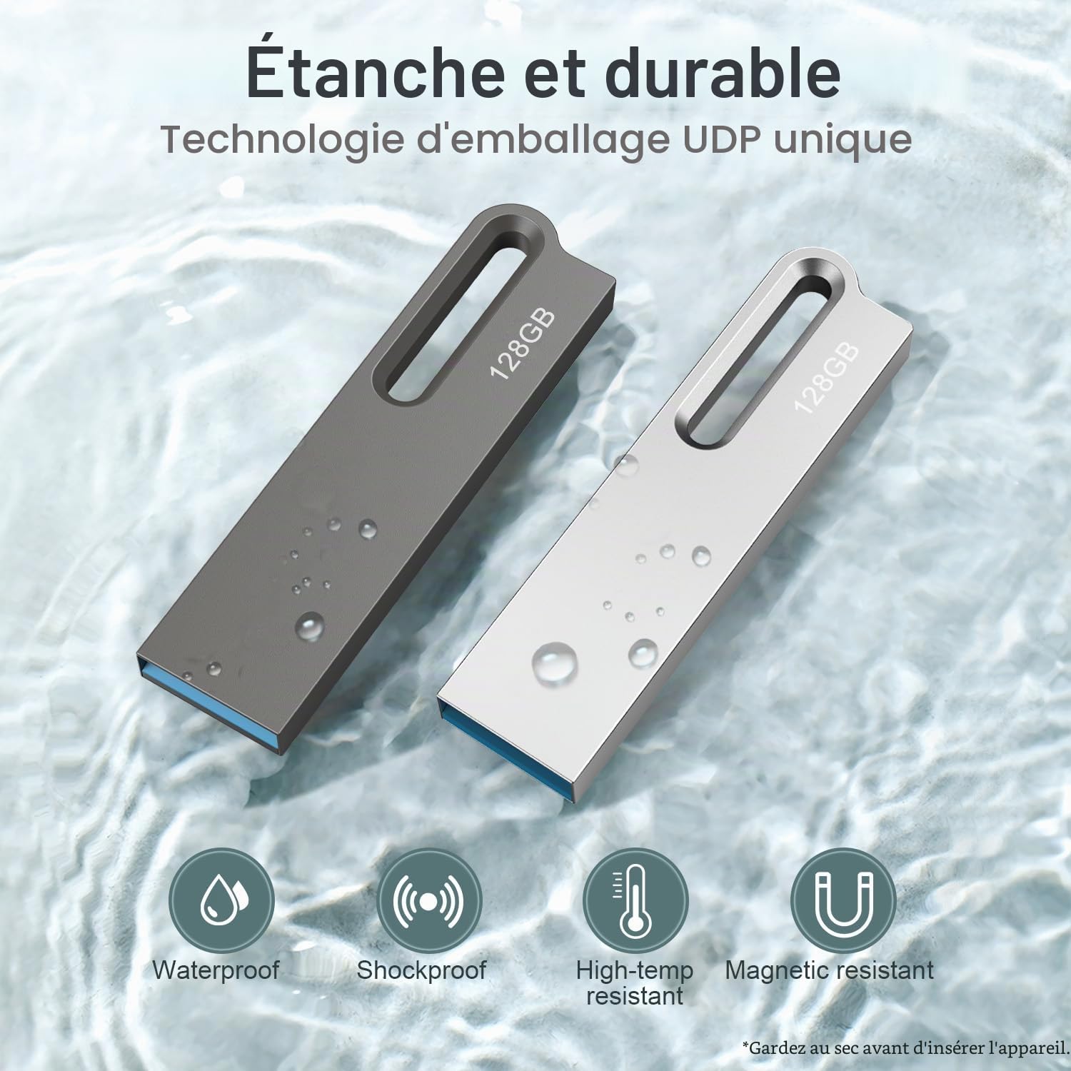 JOIOT 128Go Clé USB 3.0 Lot de 2 Clef USB Métal Imperméable Flash Drive Clés USB 128 Go pour PC, Ordinateur Portable, Stockage de Données,(2X128Go Argenté Noir)