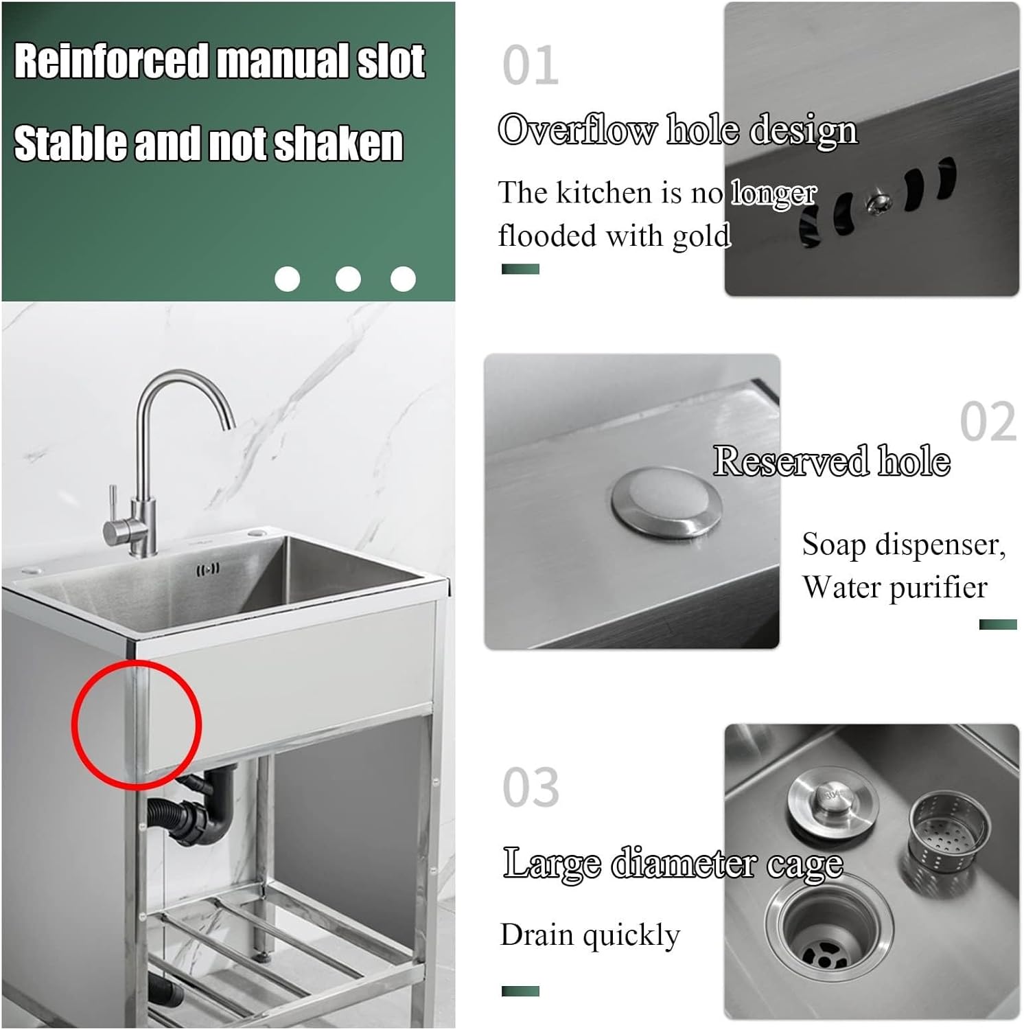 304 Stainless Steel Utility Sink with Stand and Single Cold Tap - Versatile Outdoor Kitchen Sink for Garage, Garden, and RV Use(Round Tap-60)