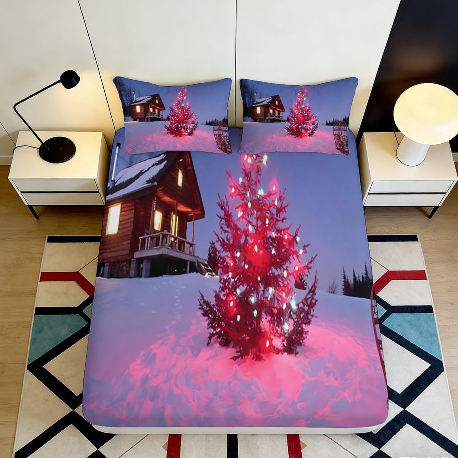 3D Printed Christmas Cabin Fitted Sheet Microfiber Red Tree Bed Cover for Bedroom Guest Room Dorm Mattress Protection 90x200x25cm