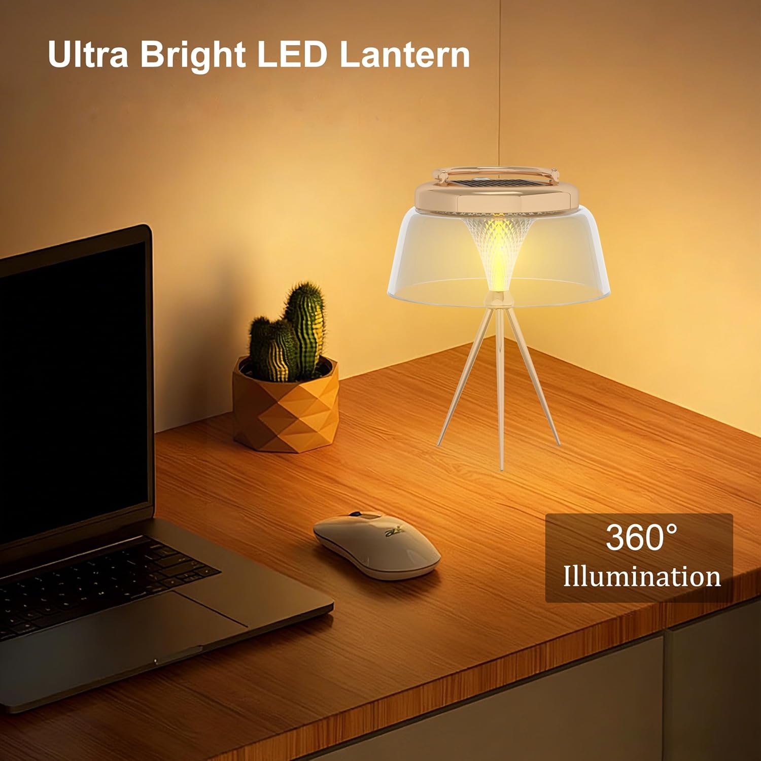 Solar Camping Lantern, 360°COB LED Camping Light Rechargeable with Solar&Type-C, IP65 Waterproof Tent Lights with Hook&Tripod Base, Bright Outdoor Hanging Lamp for Fishing, Power Outage(Gold)