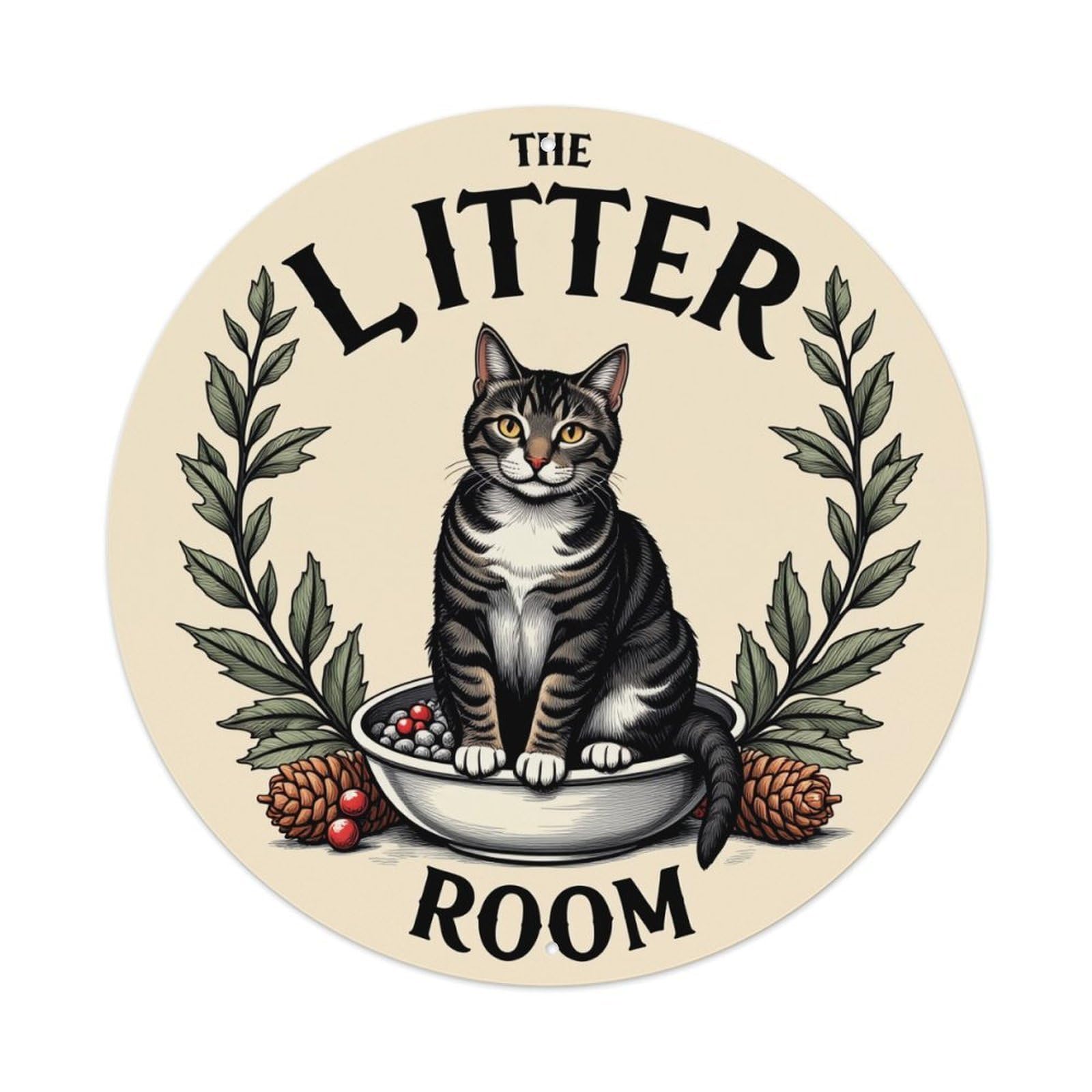 Cat In Bowl With Pinecones And Leaves Round Tin Sign Vintage Metal Poster, Home Bar Garage Man Cave Cafe Indoor & Outdoor Wall Decoration 8x8Inches