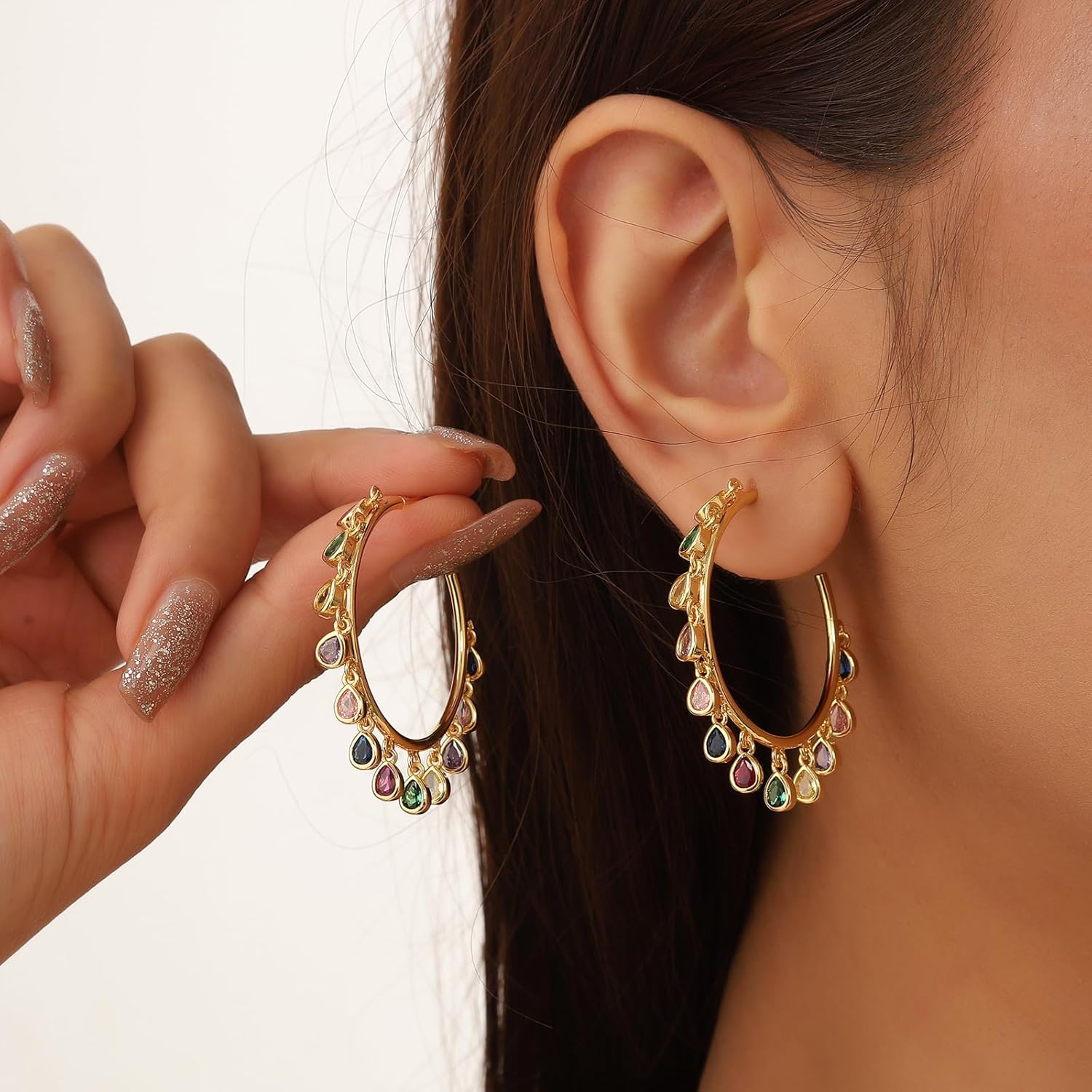 beautlace Colored Zircon Geometric Drip tassel Stud Earrings 18K Gold Plated Round Hoop with Colorful Zirconia Jewelry for Women