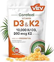 Vista 1 de VEV Corefeel Vitamina D3 K2 10,000 UI, 200 mcg MK-7, 300 cápsulas blandas de aceite de coco, suplemento de vitaminas 2 en 1 D y K (incluye MK7)
