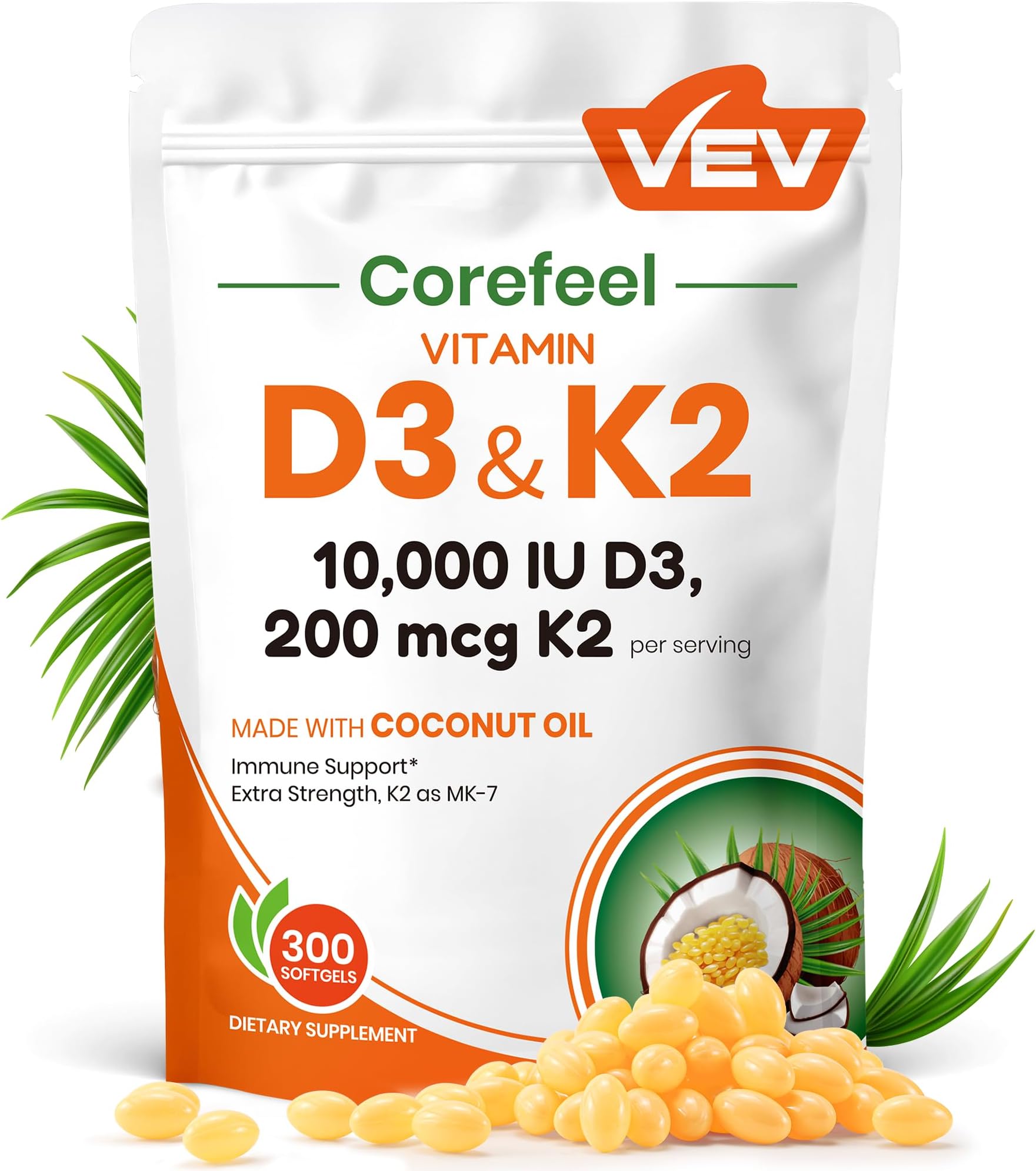 Corefeel Vitamin D3 K2 10,000 IU, 200 mcg MK-7, 300 Coconut Oil Softgels, 2 in 1 Vitamins Supplement D & K (Include MK7), Easy to Swallow, Supports Calcium Absorption, Bone Health