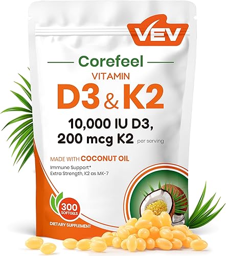 VEV Corefeel Vitamina D3 K2 10,000 UI, 200 mcg MK-7, 300 cápsulas blandas de aceite de coco, suplemento de vitaminas 2 en 1 D y K (incluye MK7),