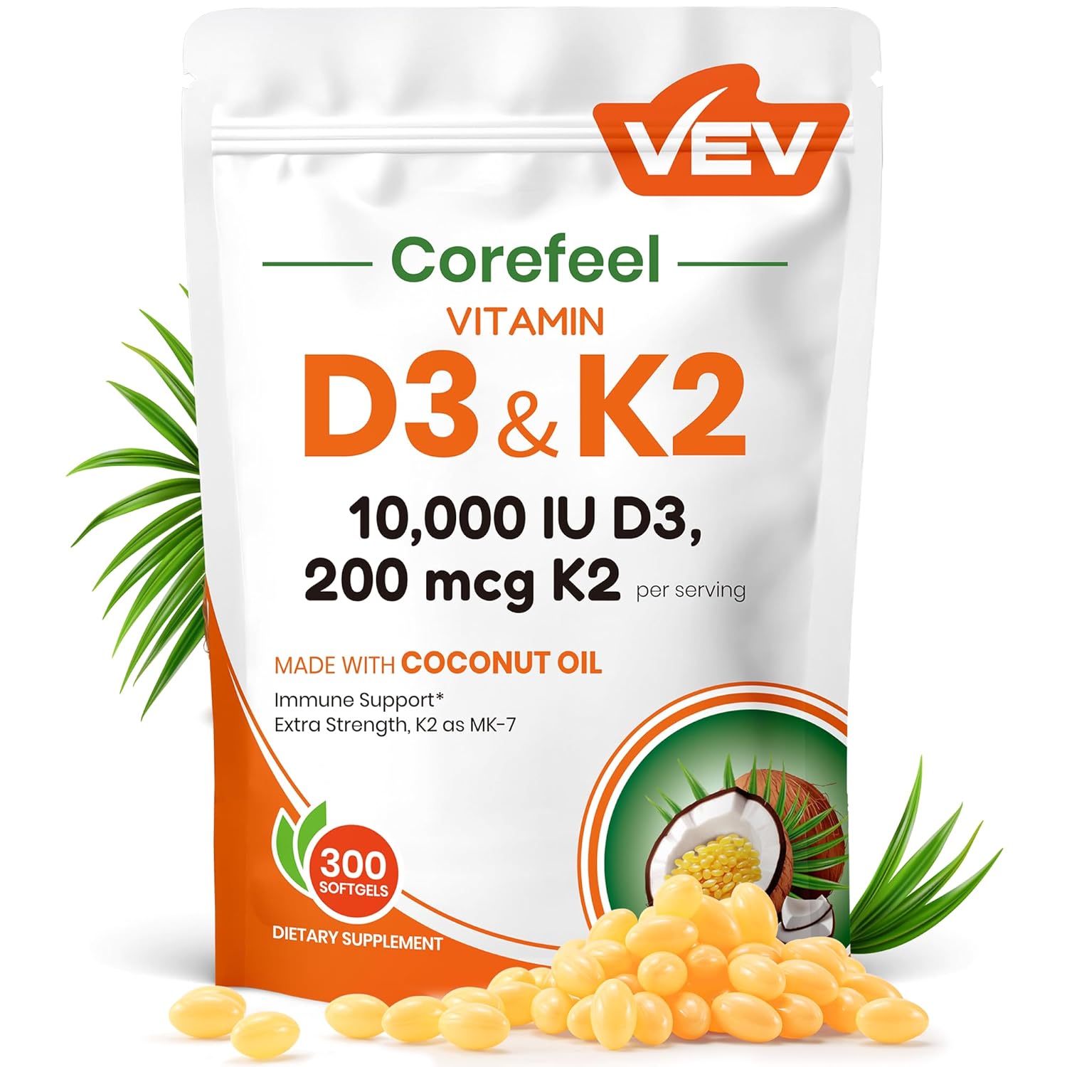 VEV Corefeel Vitamin D3 K2 10 000 IU 200 mcg MK-7 300 Coconut Oil Softgels 2 in 1