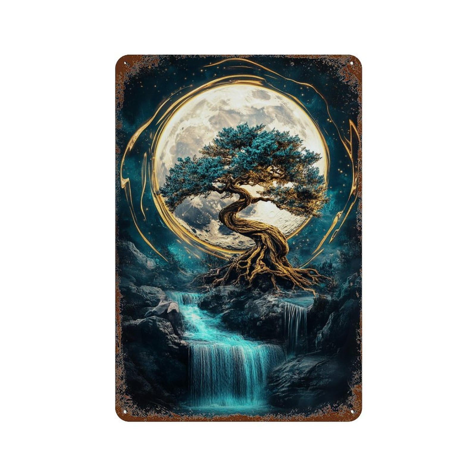 Garage Style Enchanted Moonlit Forest Weathered Tin Sign 11.8"x7.9", Old School Wall Decor for Bar And Workshop