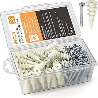 100 PCS #8 Drywall Anchors Kit Self Drilling，50 Plastic Dry Wall Anchors and 50 Philips Screws Assortment for Hanging and Mounting with Case, Self Drilling Sheetrock Anchors