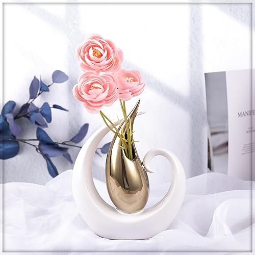 Miniatura 2 de Jarrón de cerámica, decorativo moderno, dorado y blanco, decoración central de mesa de comedor