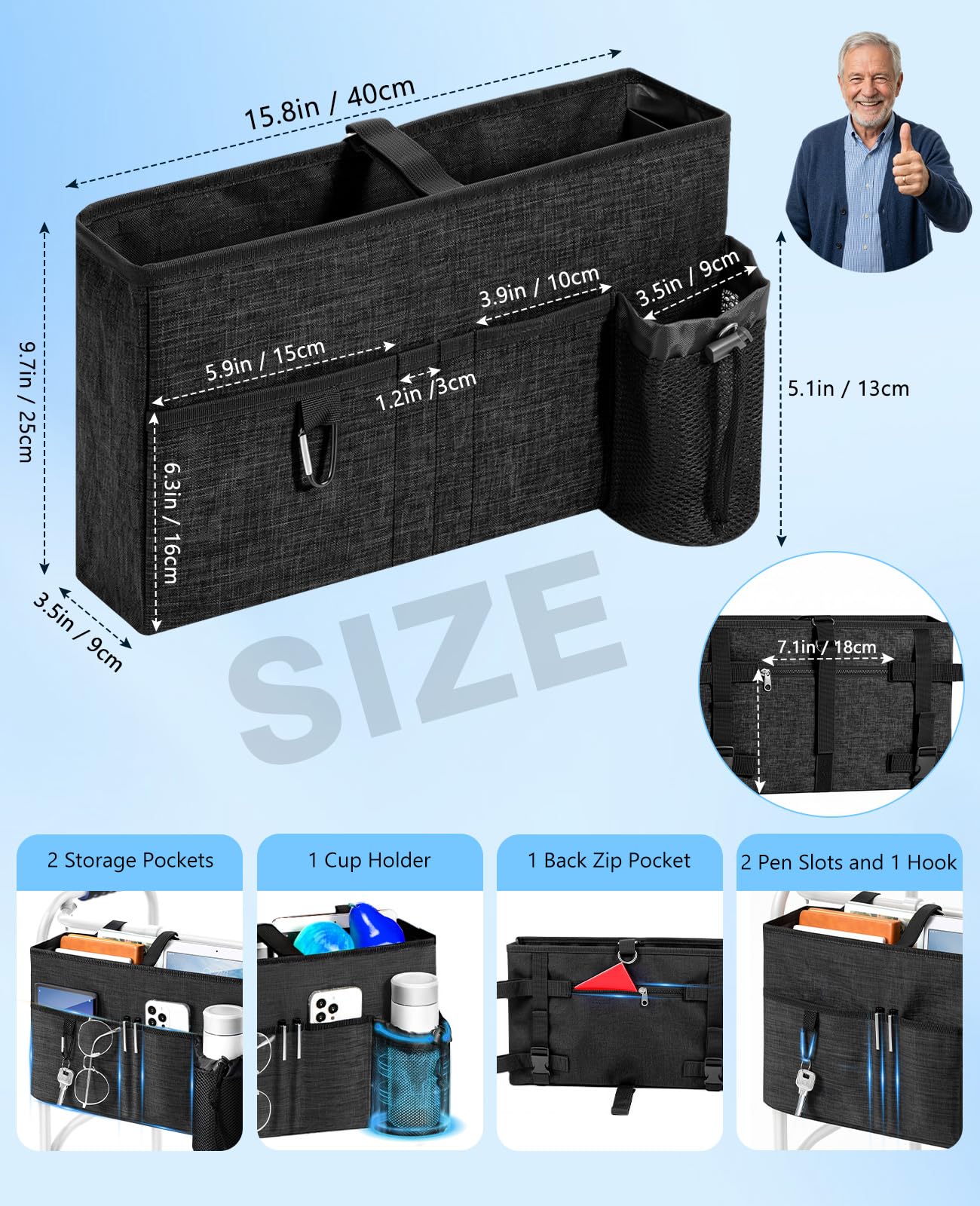 Rhino Valley Bolsa de Andador de Gran Capacidad, Cesta Plegable para Sillas de Ruedas con Múltiples Bolsillos Poliéster Resistente Organizador de Almacenamiento Universal para Personas Mayores, Negro