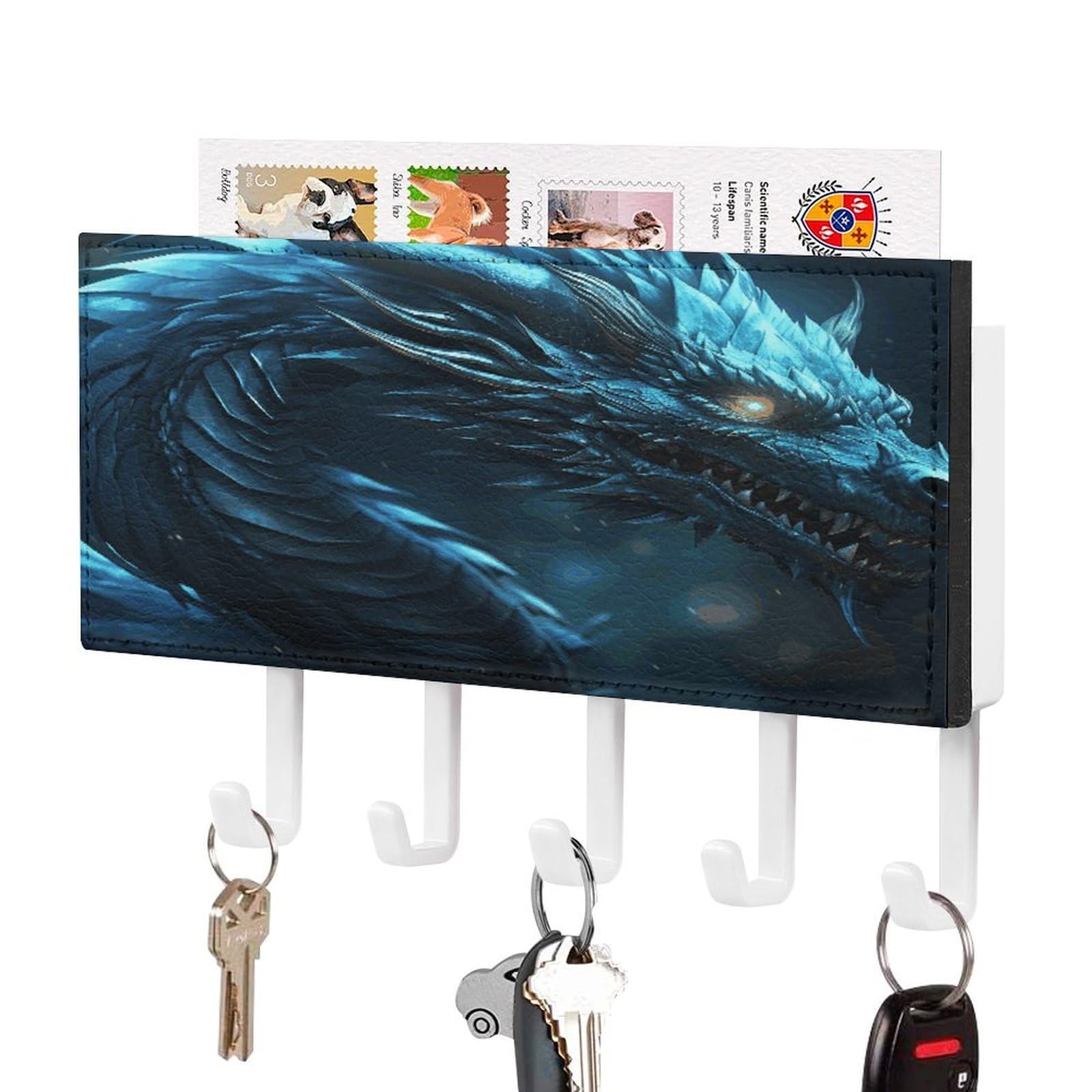 JTREHY Cyan Dragon Key Holder Wall Mount Decorative Key and Mail Holder PU Leather Adhesive Key Organizer Hanging Key Hooks Wall Shelf with 5 Hooks for Entryway Hallway Office