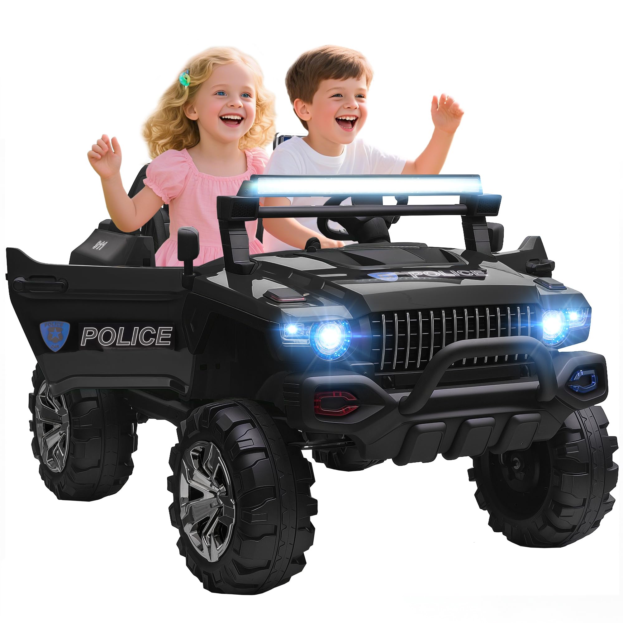 Aosom 53" L 2-Seater 12V Police Car Ride On Truck with Remote Control, Battery Operated Electric Car for Kids with Suspension, MP3 Player, Lights, Music, Horn, Black