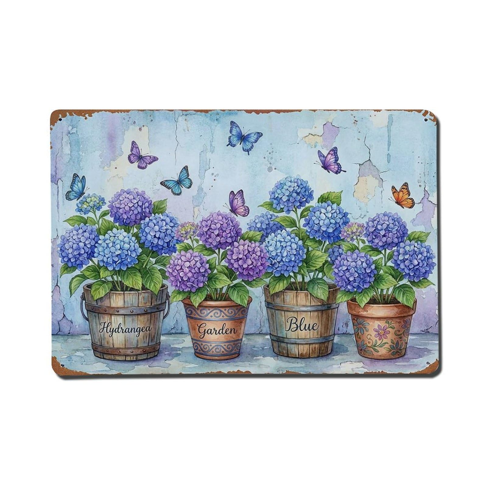 Vintage Rustic Flower Potted Plants Hydrangea Metal Tin Sign
