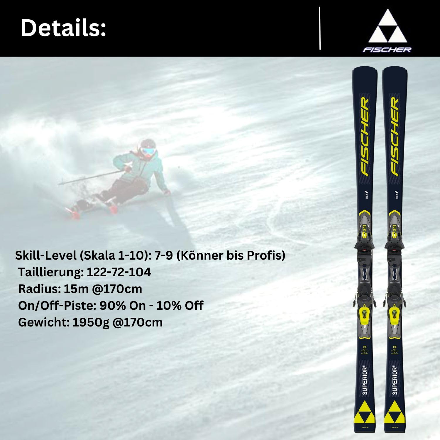 Fischer RC4 Superior TI AR - Esquí de esquí alpino Carvingski On-Piste-Rocker – Incluye fijaciones RC4 Z11 Z3-11 – Modelo 2024 – Esquí de pista – adecuado para profesionales y profesionales