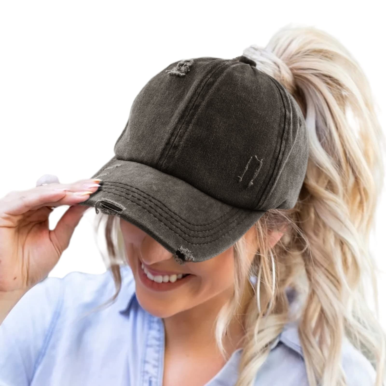ProMindFun Womens Ponytail High Messy Bun Hats Distressed Baseball Caps Unconstructed Washed Dad Hat Girls Trucker Ponycaps
