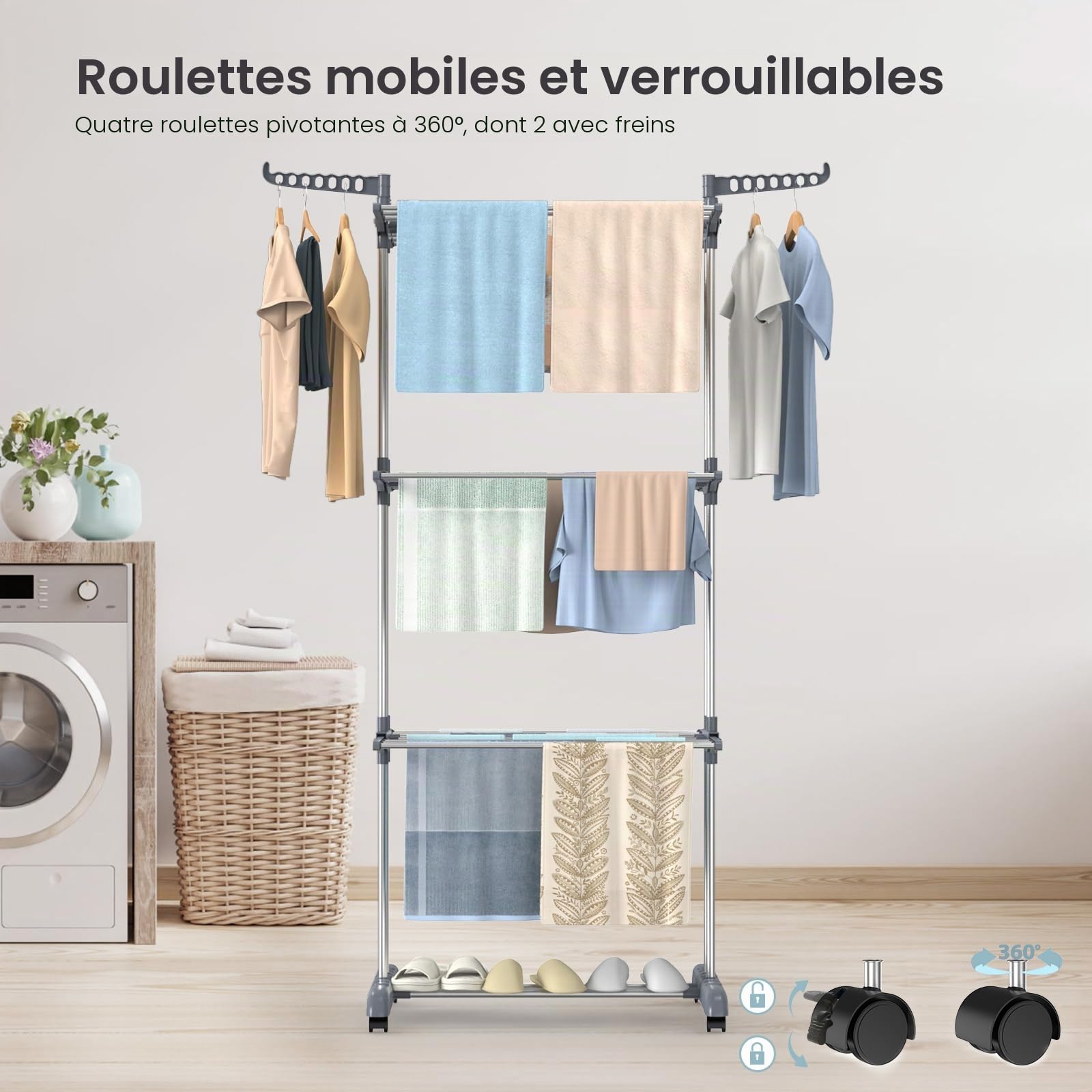 Innotic Sèche-Linge à 4 Niveaux en Acier Inoxydable - Grande Base Pliable - pour intérieur et extérieur (Gris)