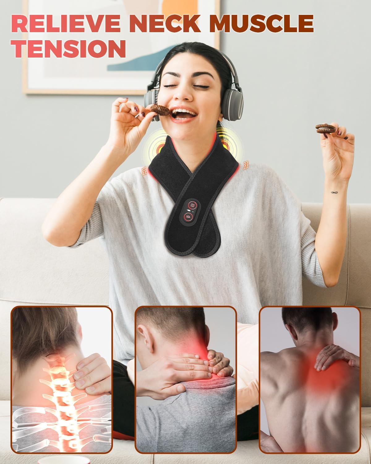 Red Light Therapy for Neck and Shoulders Wrap, Cordless Infrared Heating Pad Belt with Vibration for Body, Hands, Rechargeable Portable Neck Massager with Heat 660nm/850nm (Black)