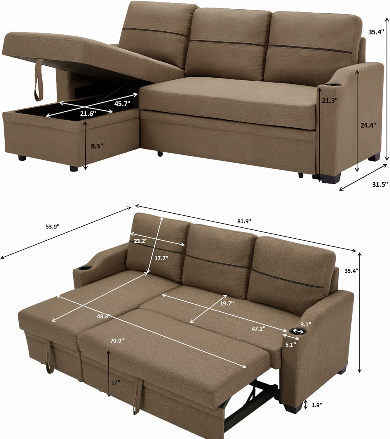 Diagram showing the dimensions of the Ucloveria sectional sofa in both sofa and bed configurations, including storage chaise dimensions.