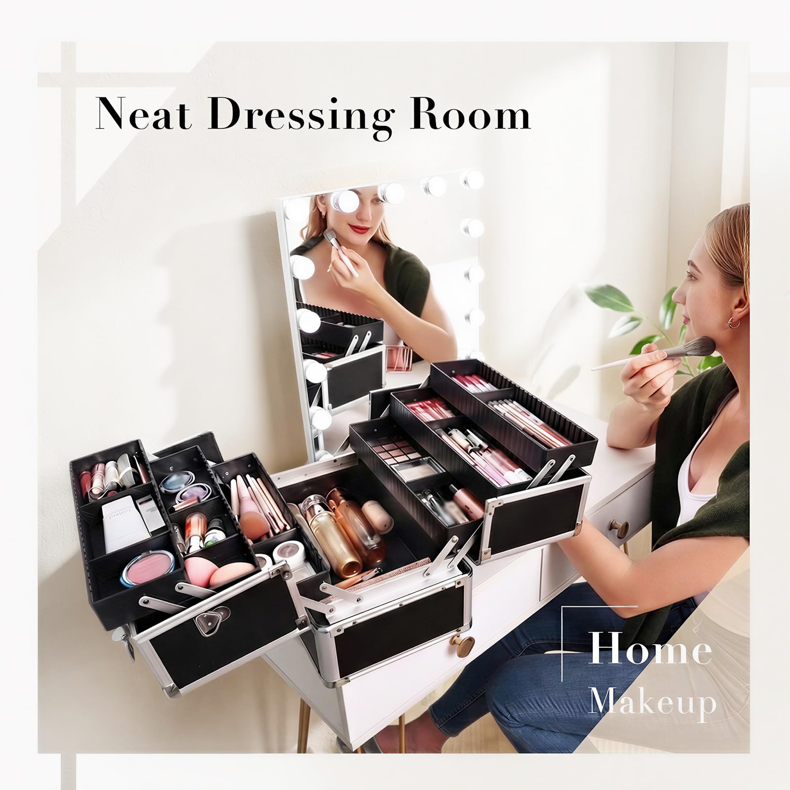 Maletin Maquillaje Profesional Estuche Maquillaje Neceser Maquillaje Joyero Organizador Mujer Maletin de Manicura Peluqueria Caja Maquillaje Cosméticos de Viaje con Correa para el Hombro Negro