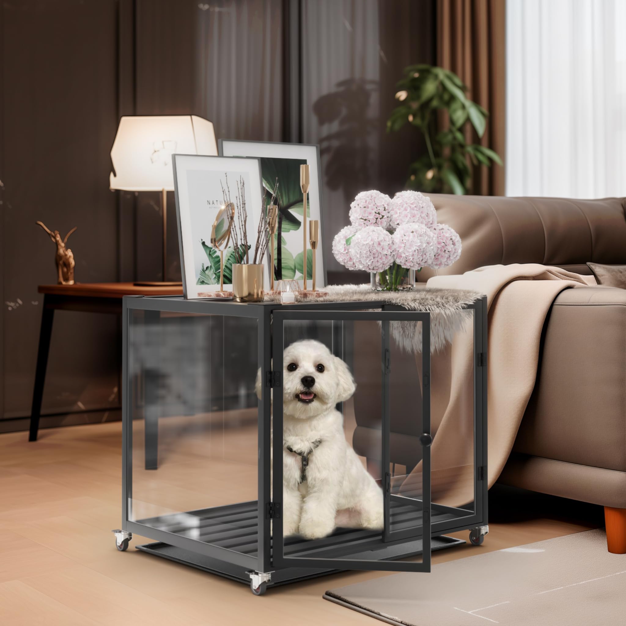BingoPaw Hundekäfig Möbel Hundebox Indoor: Hundeboxen im Möbelstil aus Aluminium und gehärtetem Glas, Modern Hundehaus für kleine Hunde bis 50kg, M: 76x58.5x66.5 cm, schwarz