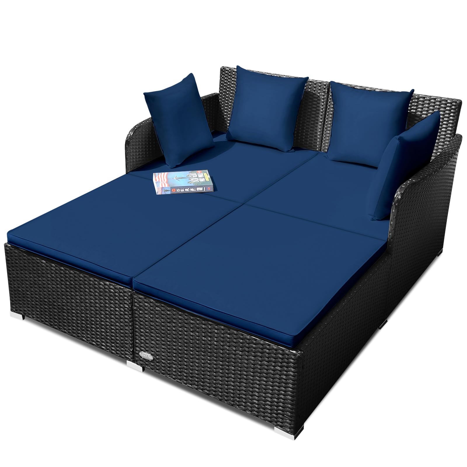 Sofá cama de ratán para exteriores, juego de sofá biplaza para patio con cómodos cojines, almohadas adicionales y pie de metal, muebles de mimbre para patio, piscina, sala de estar, jardín,