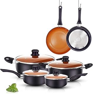 FRUITEAM 10pcs Cookware Set Ceramic Nonstick Soup Pot, Milk Pot and Frying Pans Set, Copper Aluminum Pan with Lid, Inducti...