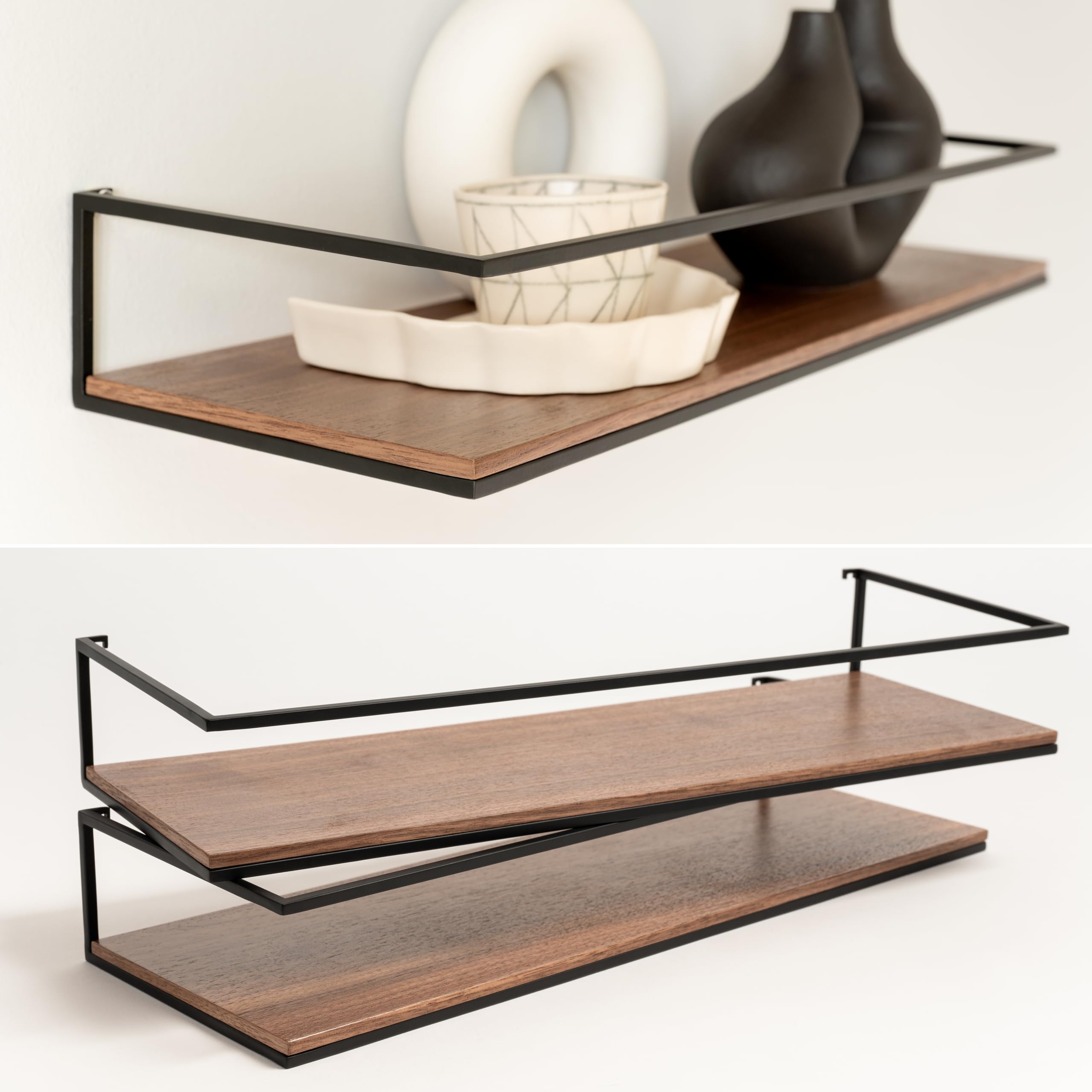Kazai. Set di Mensole da Muro -STENN- | Mensola da Parete in Metallo e Impiallacciatura in Vero Legno | Scaffale per Bagno, Soggiorno, Cucina e Camera da Letto | Noce