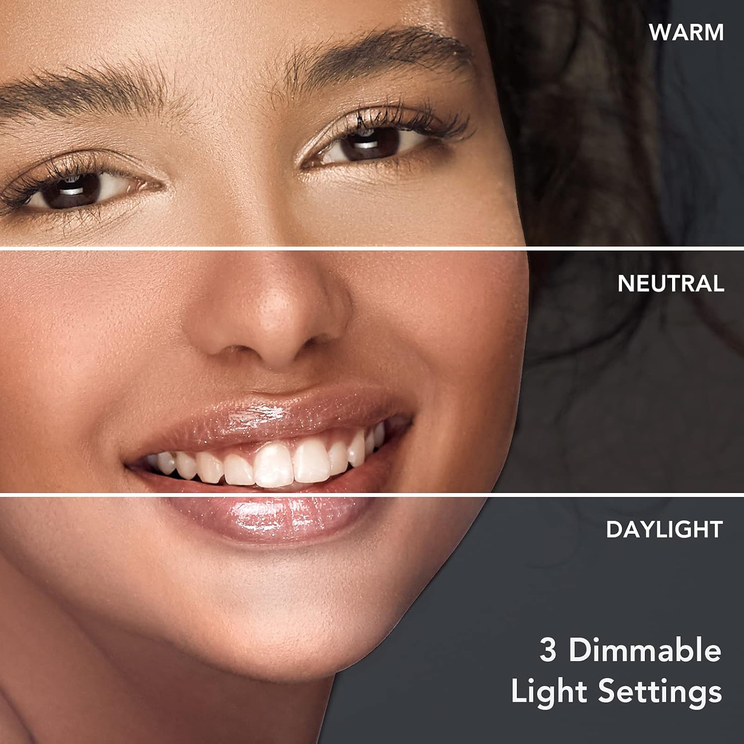 Fancii Aura Go 2 mirror showing three dimmable light settings: Warm, Neutral, Daylight