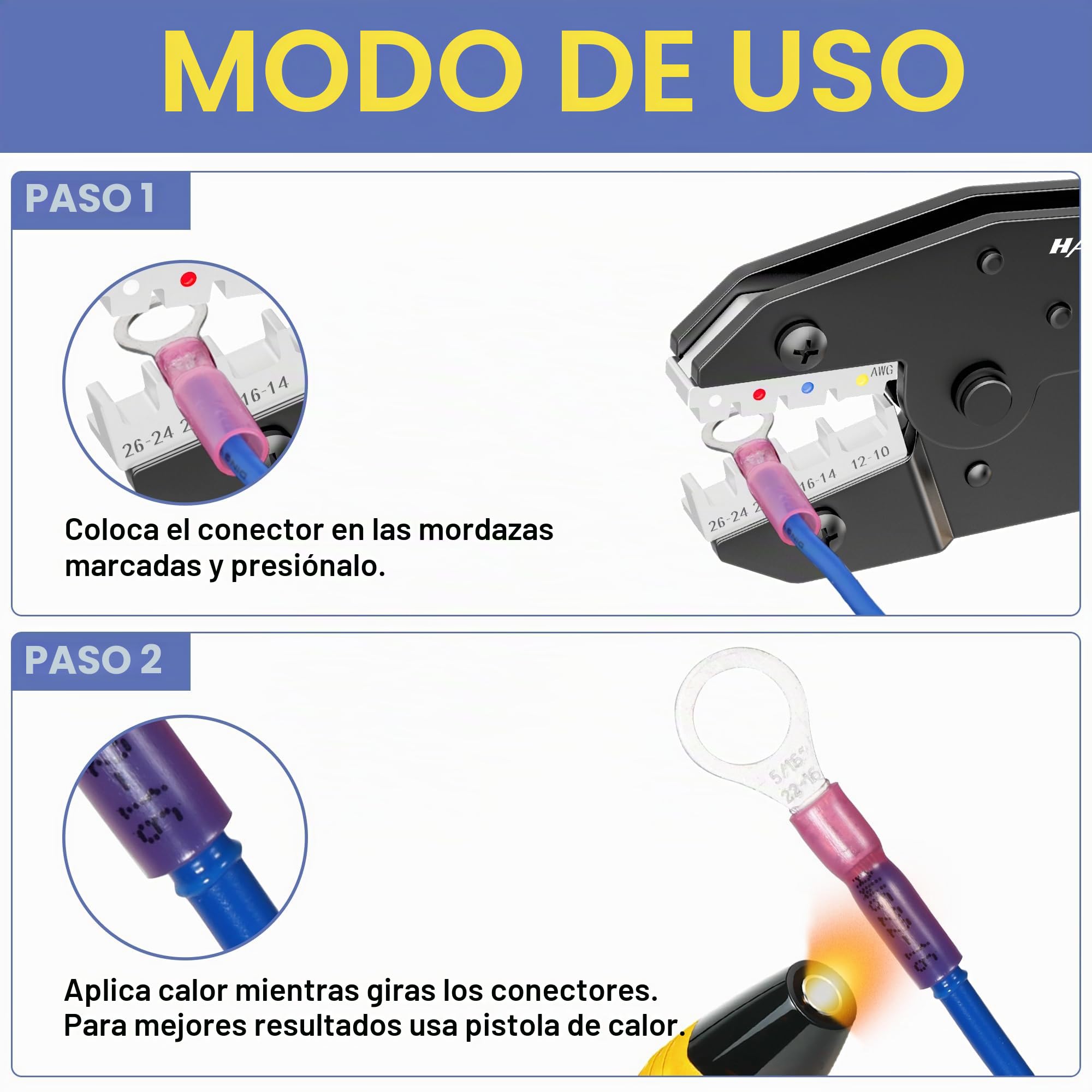 Kit de Crimpadora con Pelacables y 280 Conectores Termorretráctiles 0,5–6 mm² AWG22–10