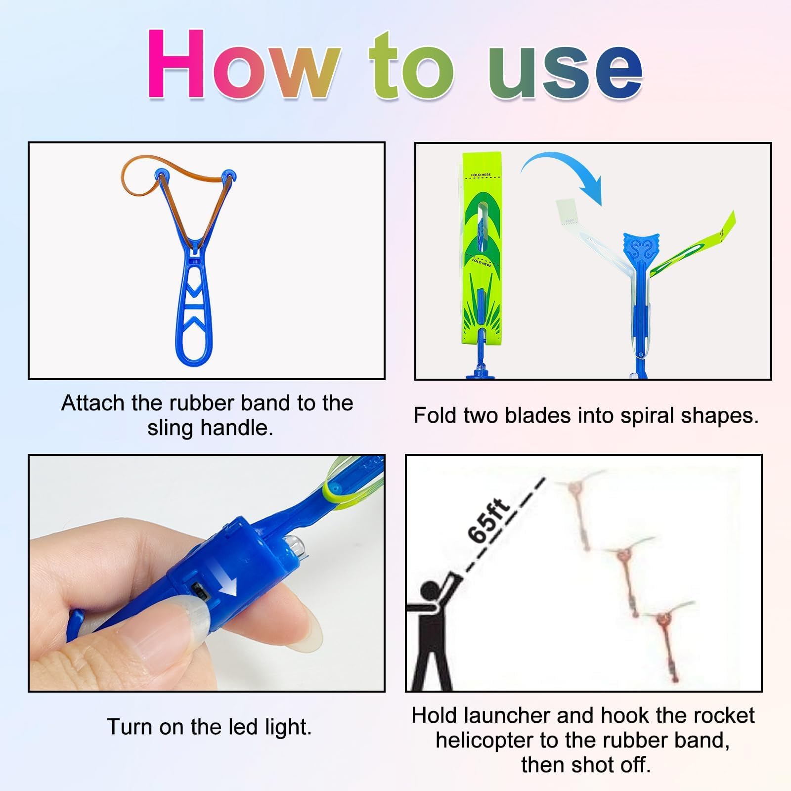 Tirachinas voladoras con luces, cohetes helicópteros, 4 colores para niños, juguete de helicóptero lanzado con banda de goma, incluye 12 helicópteros + 12 lanzadores, para verano al aire libre 6