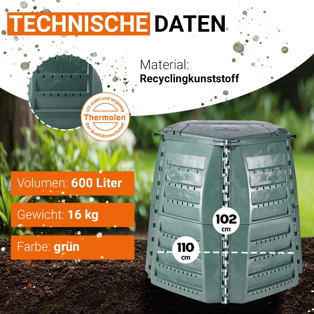 GARANTIA Thermo-Star Komposter 600 Liter grün - Komposter Garten, Schnellkomposter, Kompost, Thermokomposter, Biomüll Behälter, Biomüll, Komposteimer, Schnellkomposter Garten, Compost Bin