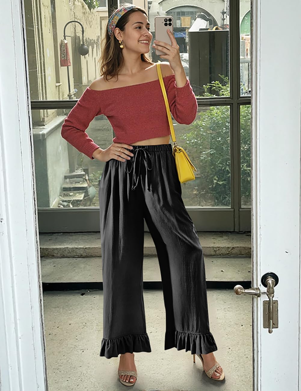 TARSE Women’s Linen Casual Pants Flared Leg Wide Leg Drawstring Ruffle Harem Palazzo Pants with Pockets - Image 3