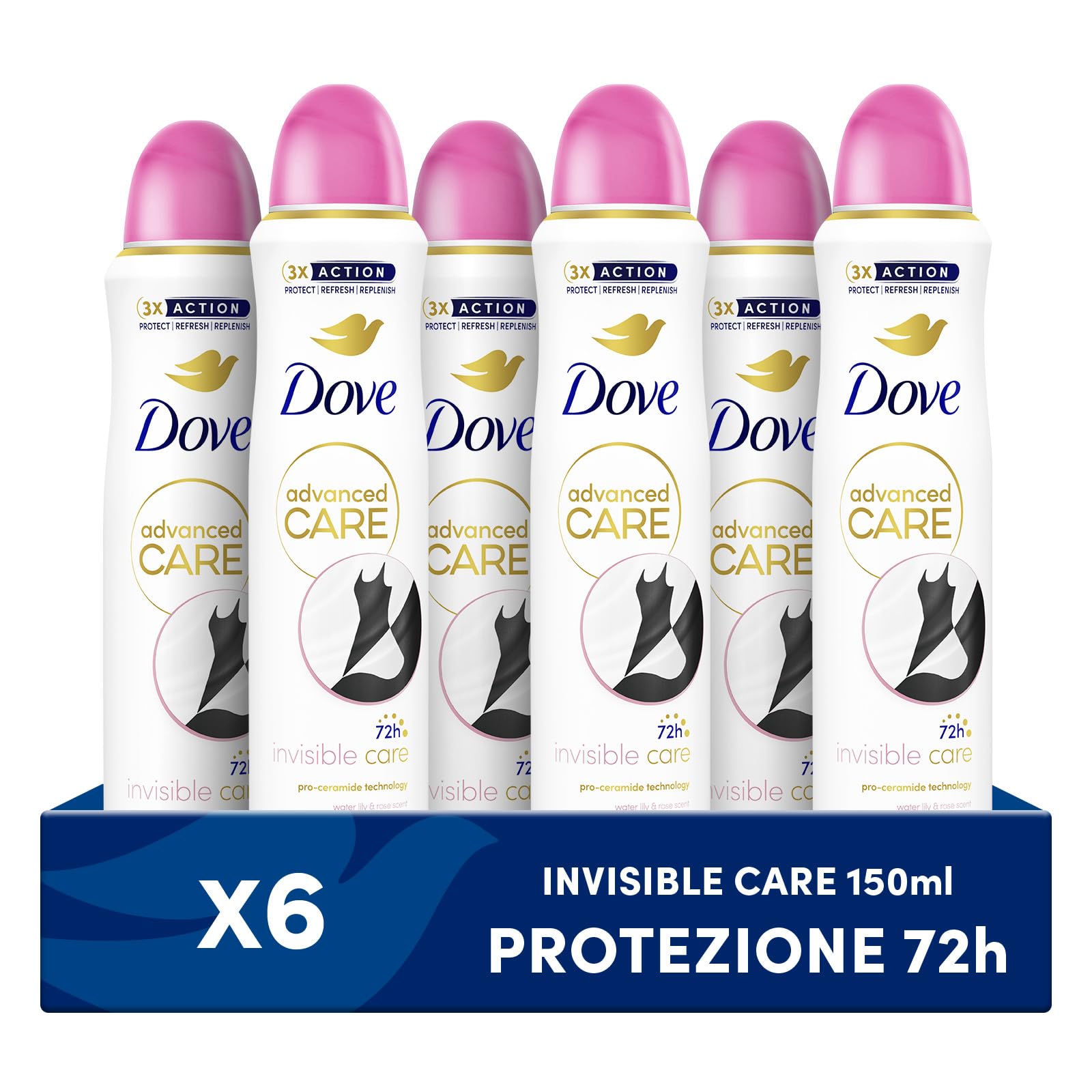 Dove Deodorante Spray Advanced Care Invisible Care, con Formula Idratante e Delicata sulla Pelle, Formula Anti-macchia, Pelle Asciutta Fino a 72 Ore, Deodorante Uomo e Donna, 6 Pezzi da 150ml