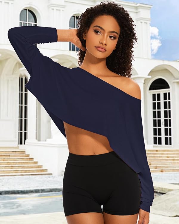 Loose Off the Shoulder Tops for Women Long Sleeve Oversized Crop Tops Workout Spring Summer Casual T Shirt Navy Blue by FIGKICKSEN - Used condition - Image 5