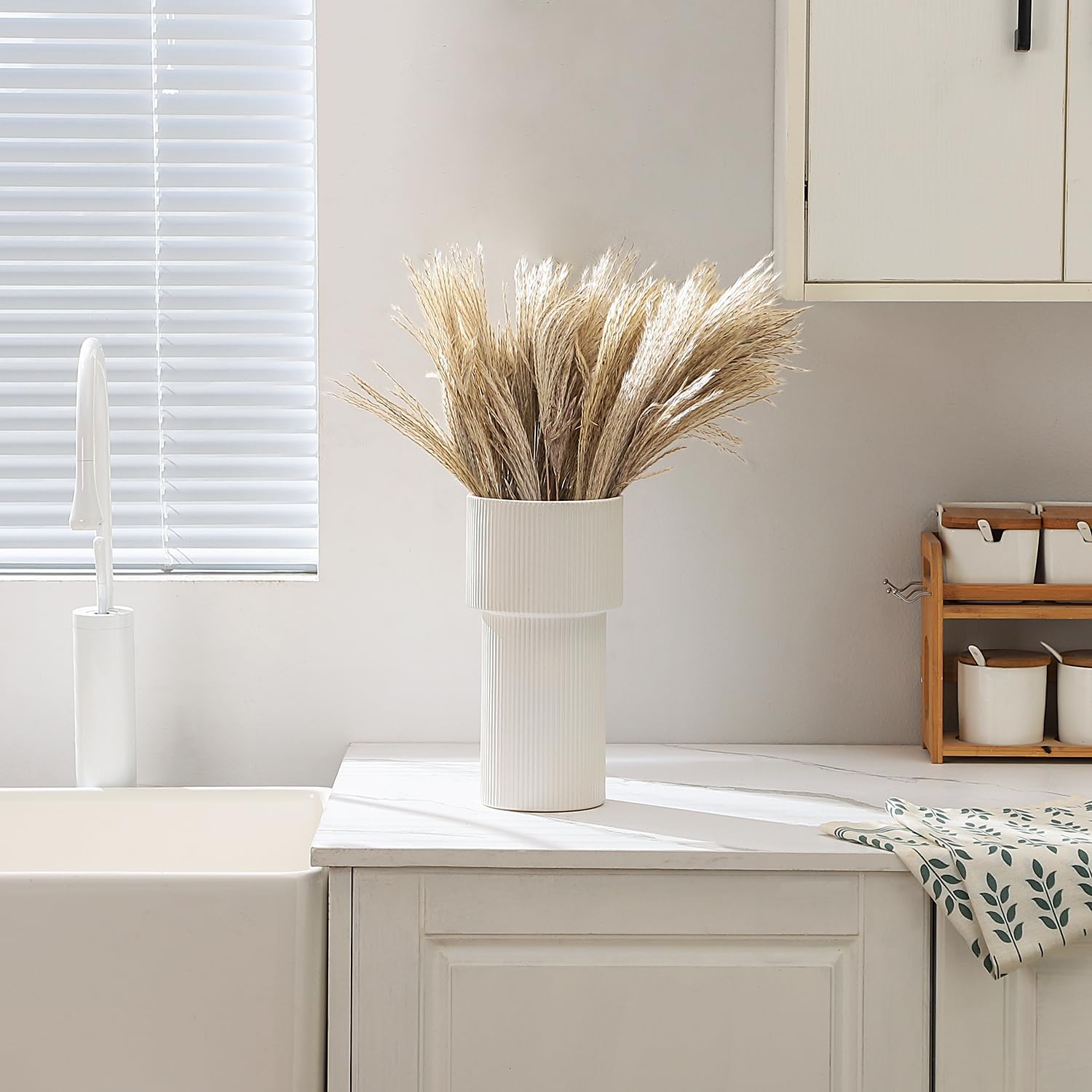 White Ceramic Flower Vase, Decorative Vase for Pampas Grass, Ribbed Vases for Decor, Boho Vases for Living Room, Office, Mantel, Shelf, Dinning Table, 10 Inches - Image 2