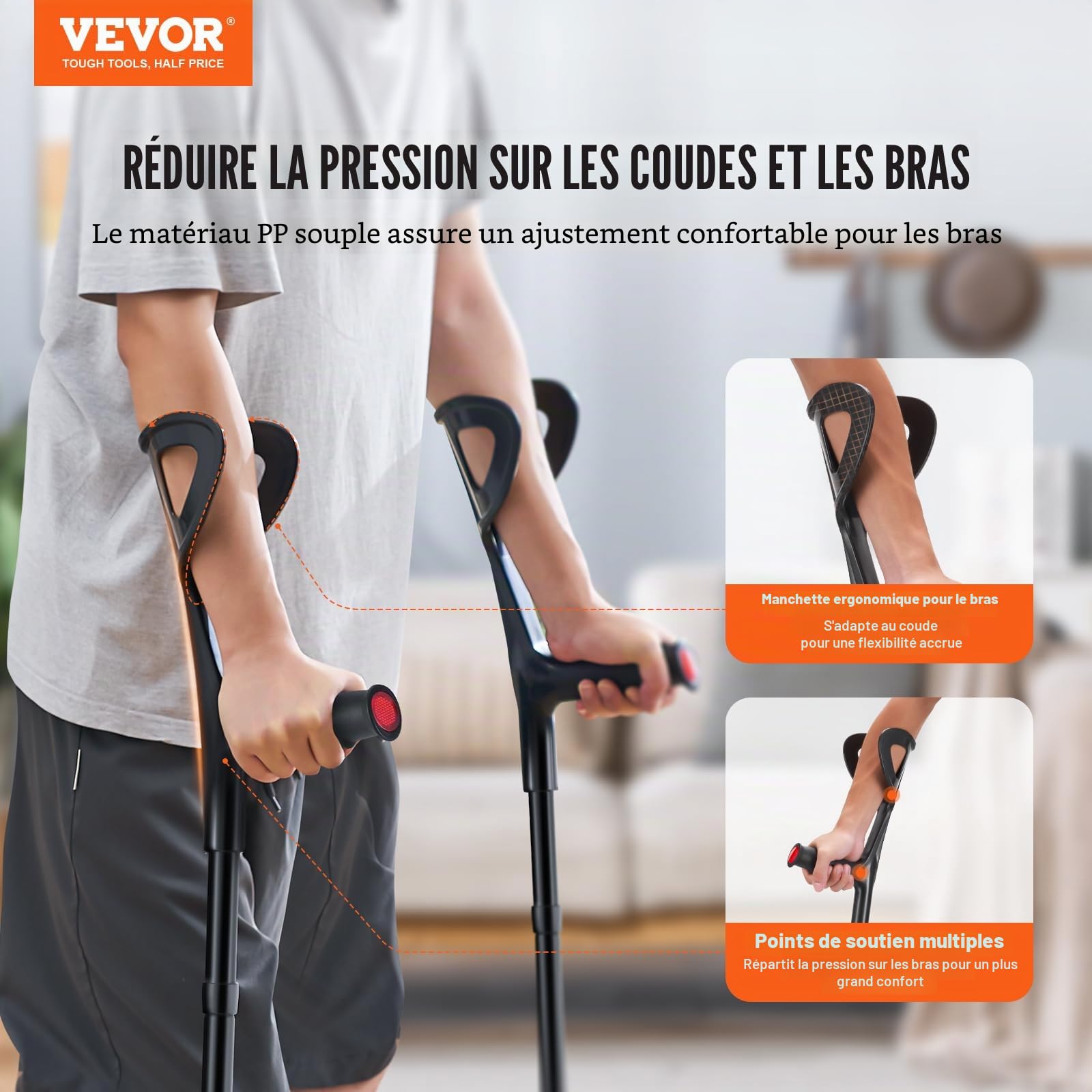 VEVOR Béquilles d'Avant-bras 2PCS, Béquilles de Marche Pliables Réglable en Hauteur 10 Niveaux, Manche Supérieure Ouverte, Béquilles Médicales Légères, pour Adultes, Chirurgie, Blessure aux Jambes