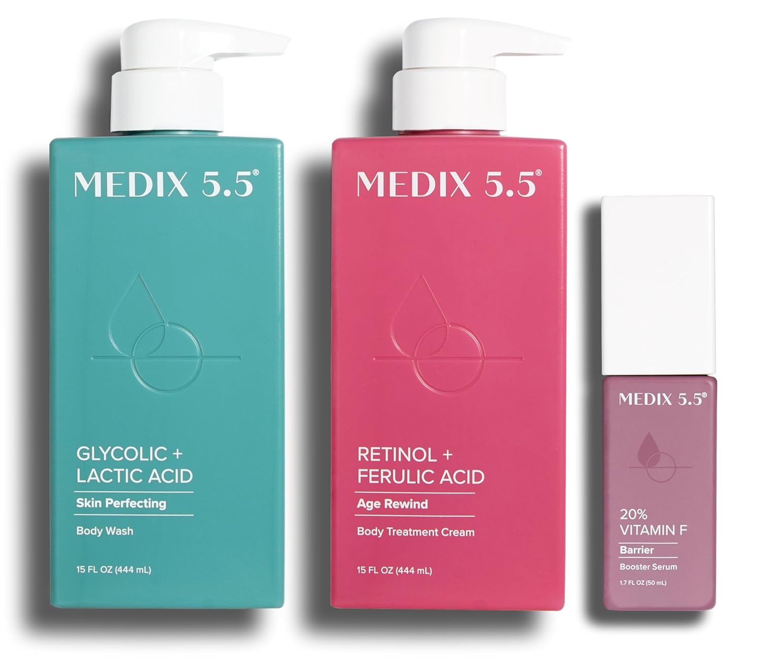 Medix 5.5 Glycolic Acid Exfoliating Body Wash + Retinol Age Rewind Firming Body Cream + 20% Vitamin F Anti Aging Serum Set