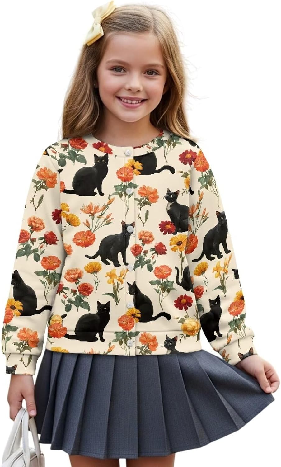 Wanyint Girls Cardigan with Cute Print, Lightweight Long Sleeve Polyester, Crewneck Button Front Cover Up for School, 5-16Y