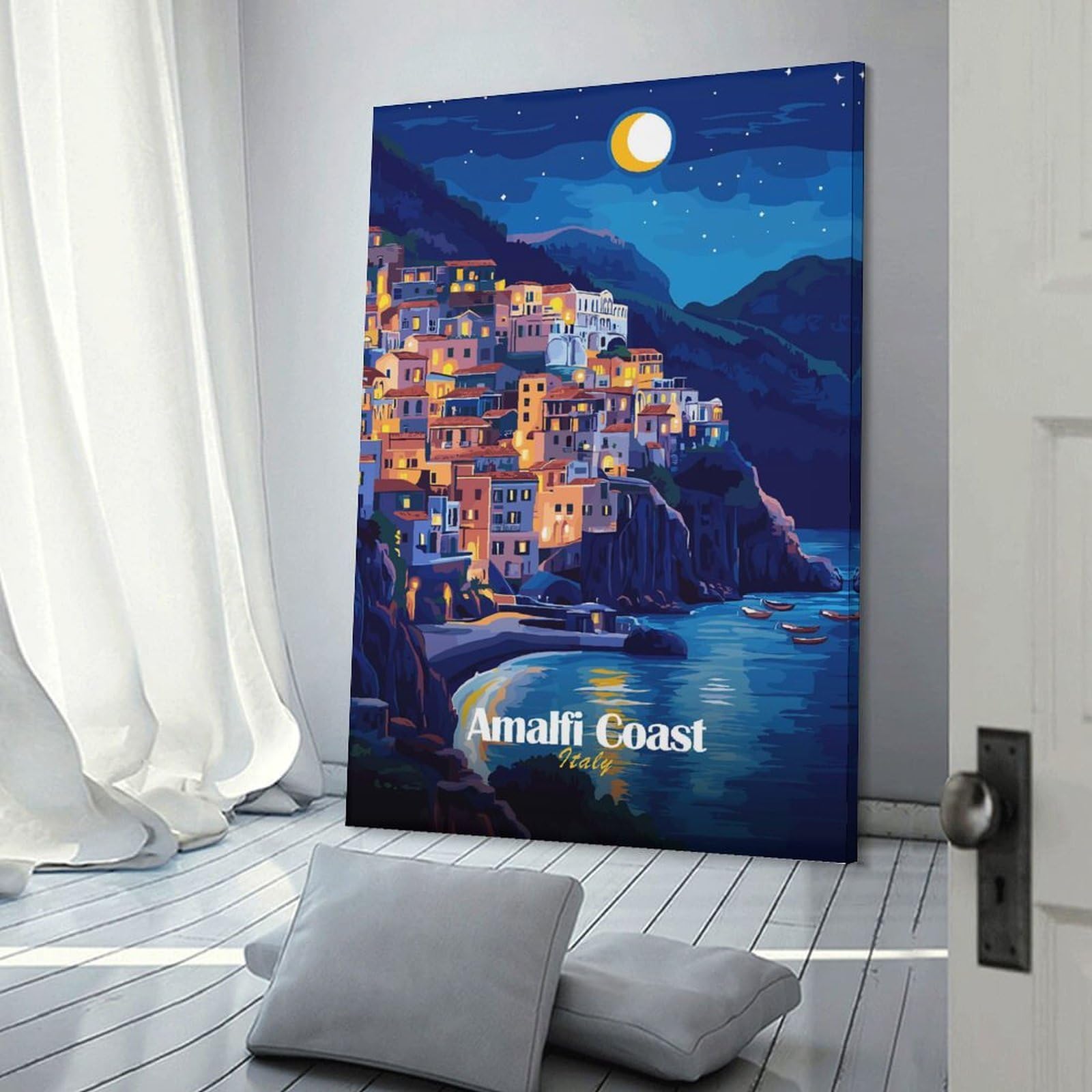 Junmoney Frame-Style-19 Amalfi Coast Night Hanging Wall Art 24X36inch(60X90cm), For Bedroom Walls, Guest Spaces Or Lounges, Home Artwork With A Soft Interior Feel
