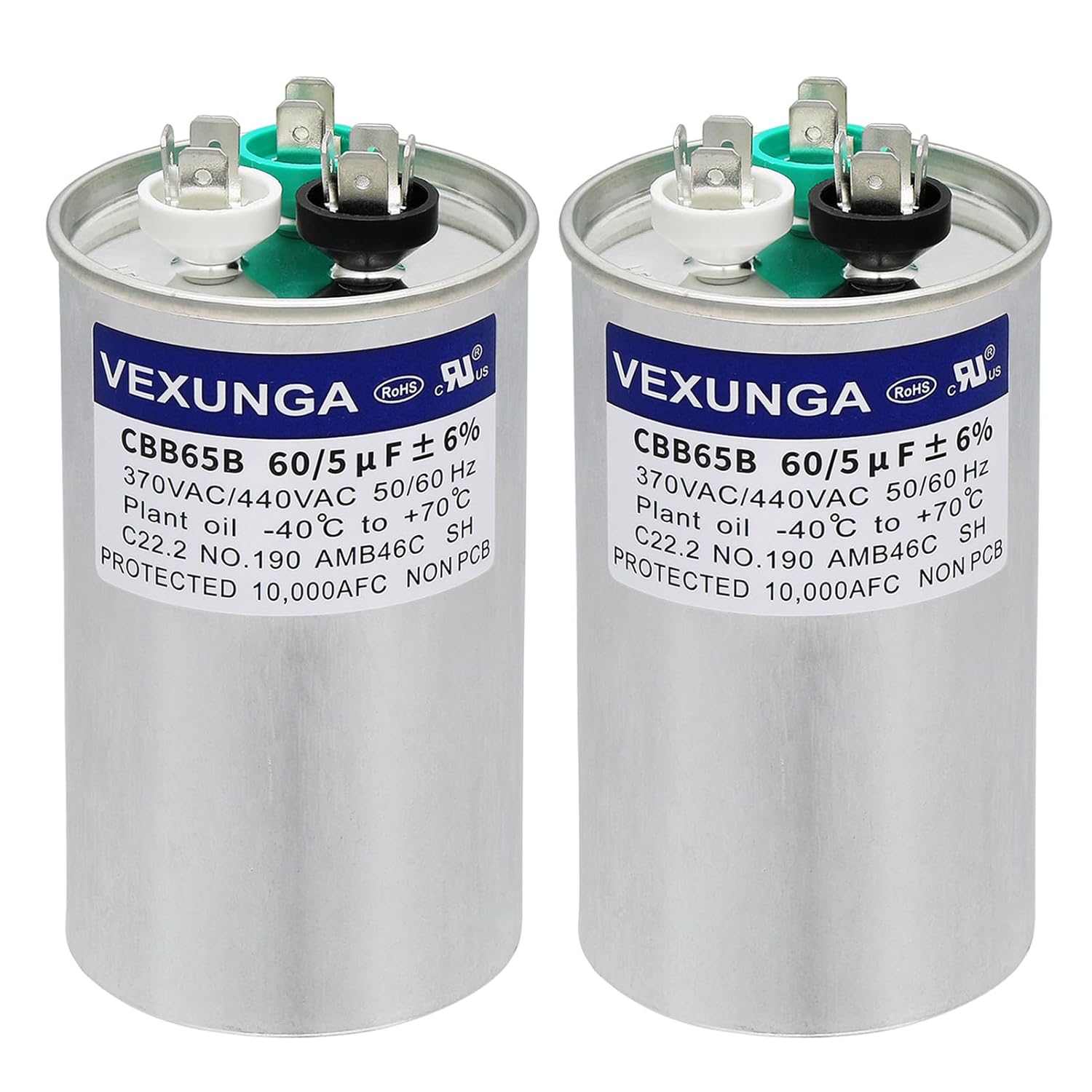 VEXUNGA 2PCS 60+5uF 60/5MFD 370V or 440V Dual Run Start Round UL Listed AC Capacitor 60 5 uF MFD 370 440 Volt VAC CBB65 Air Conditioner Capacitors for Fan Motor or Heat Pump or Condenser Straight Cool
