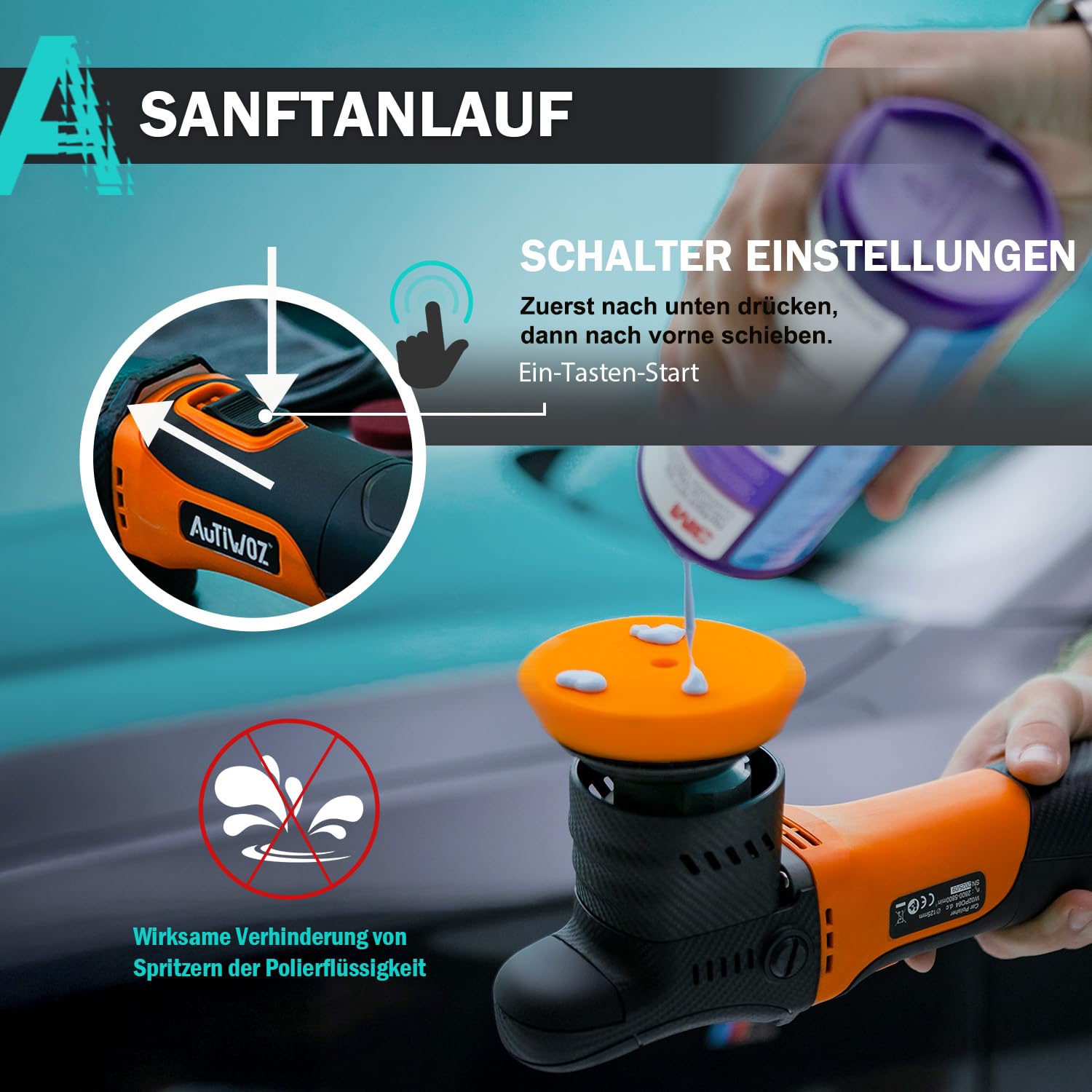 AUTIWOZ W02 Exzenter Poliermaschine Mini,630W Auto Polieren von Scheinwerfern,12mm Orbit Poliur für Details/Gesamte Fahrzeug,50mm/75mm Stützteller,2500-7000RPM,Kratzwaxer Wachsen Polier Schleifen