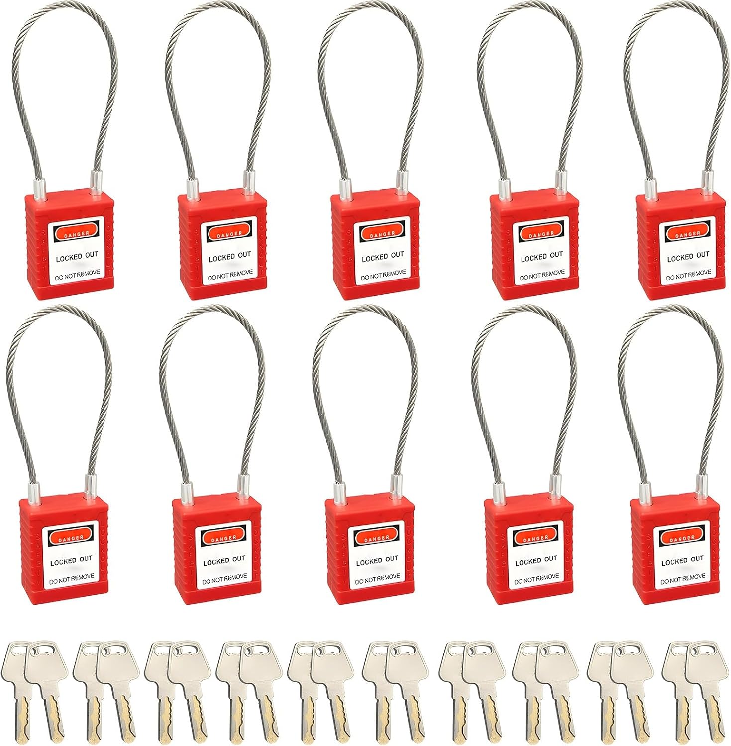 Set of 10 Lockout Cable Safety Locks, 90 Mm Steel Cables, Electrical Safety Padlocks, Keyed Differently